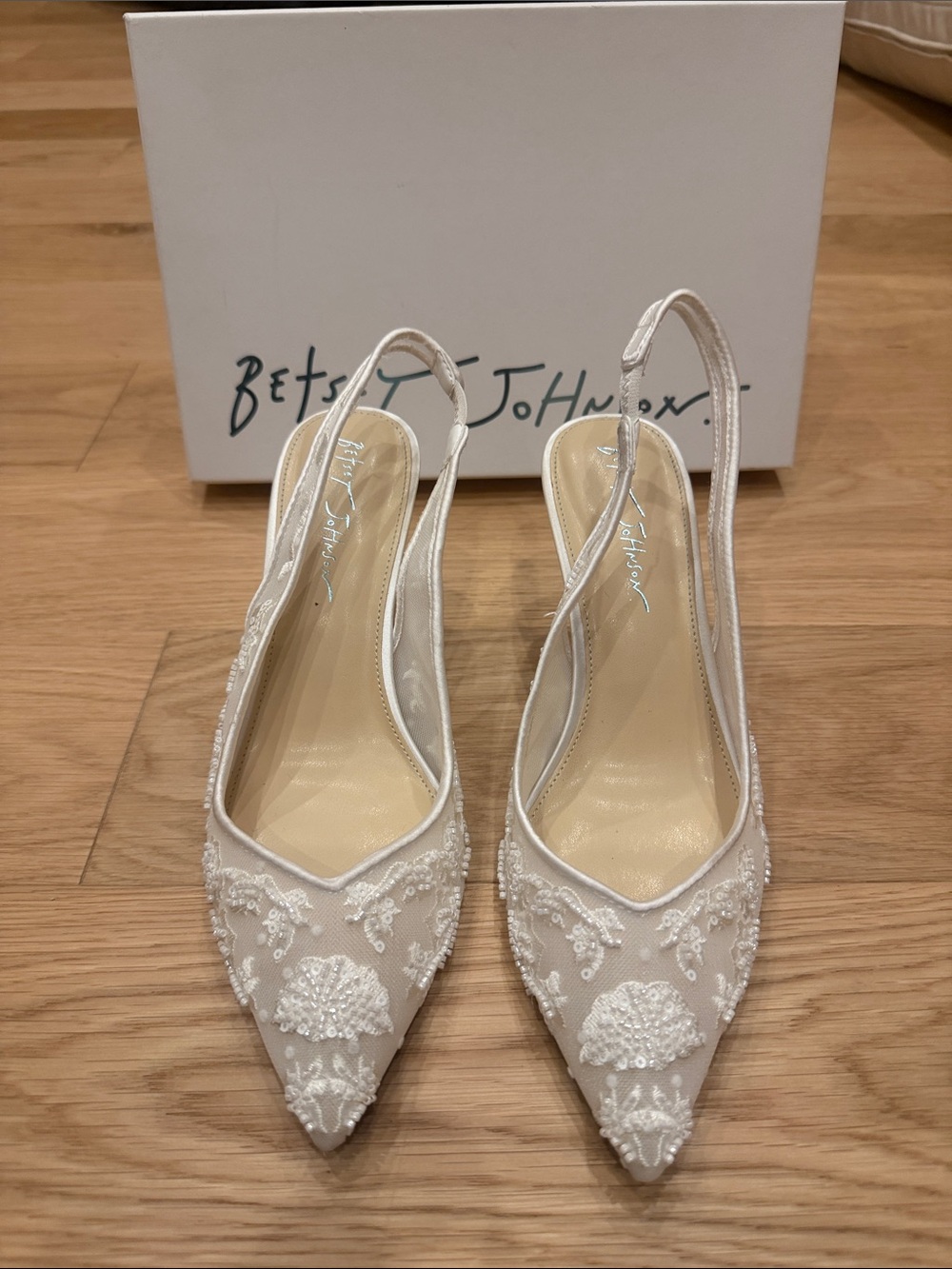 Betsey Johnson Ivory Lace Beaded Slingback Pointed Heels